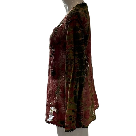 Raj Boho Floral Embroidered Coral & Green Cotton Mesh Tunic Size Medium - Picture 4 of 12